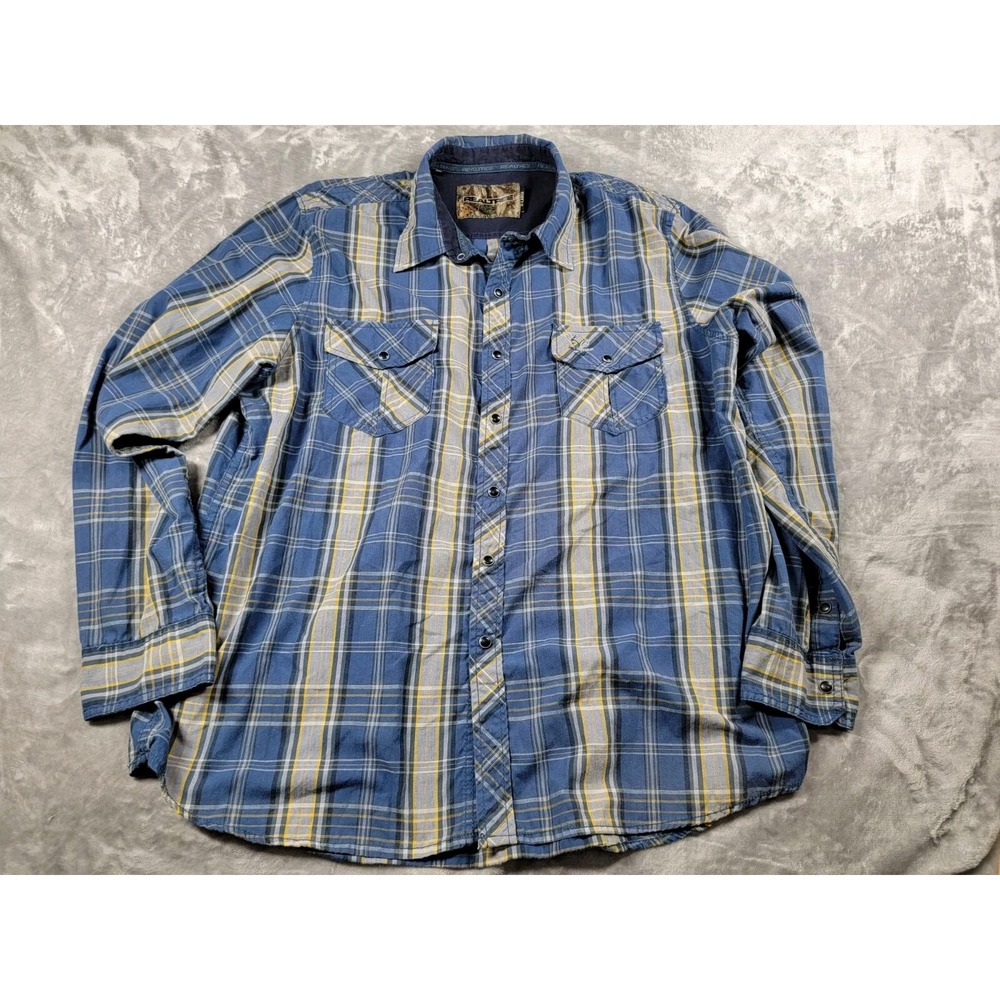Realtree Western Pearl Snap Shirt Blue yellow Plaid Mens XL Long Sleeve